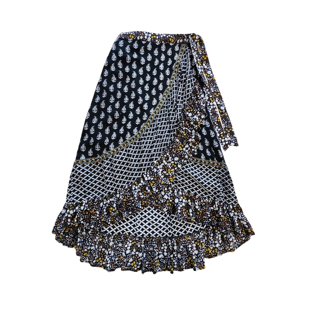 Christian Siriano Womens L Boho Mixed Print Wrap High-Low Maxi Skirt Ruffle